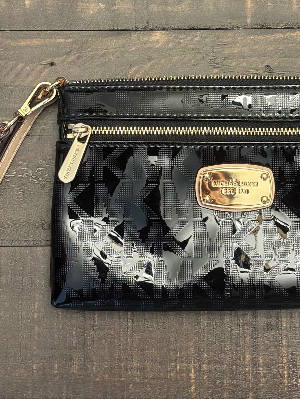 Michael Kors Black Patent Logo Wristlet with Gold Hardware